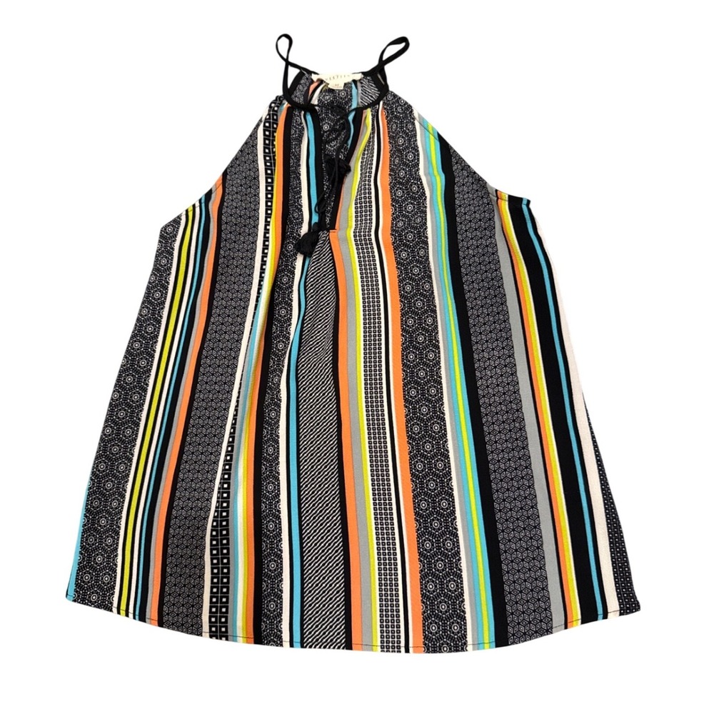 Lovestitch Womens Halter Neck Tassel Tie Striped Geometric Tank Top Multicolor M